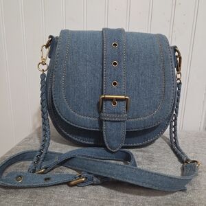 House of Harlow 1960 Denim Blue Crossbody Bag with Flap Design